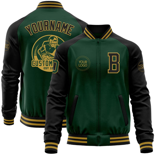 Custom Green Black-Old Gold Bomber Varsity Letterman Two Tone Zipper Jacket - Main View