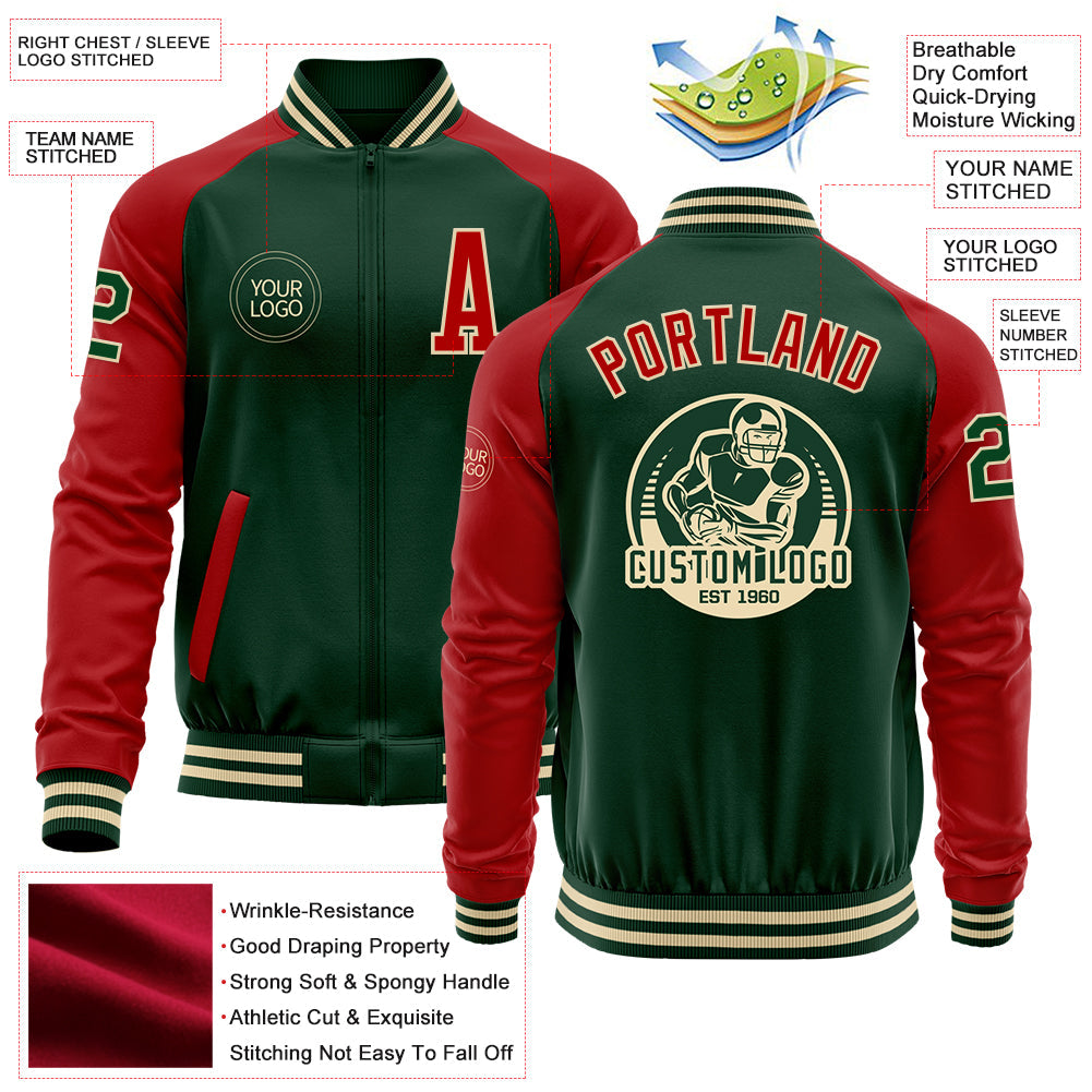 Custom Green Red-Cream Bomber Varsity Letterman Two Tone Zipper Jacket view 4