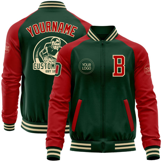 Custom Green Red-Cream Bomber Varsity Letterman Two Tone Zipper Jacket - Main View