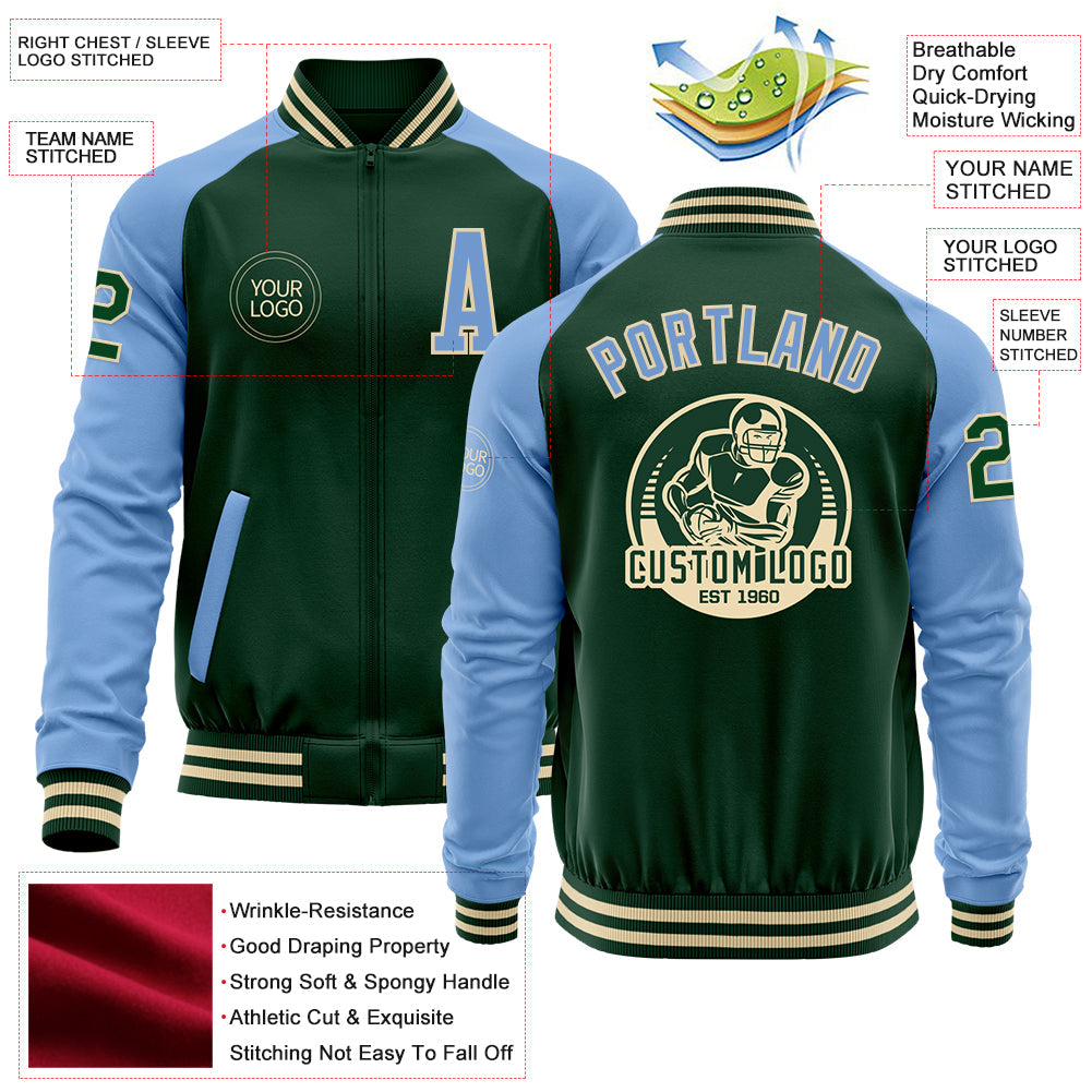Custom Green Light Blue-Cream Bomber Varsity Letterman Two Tone Zipper Jacket view 4