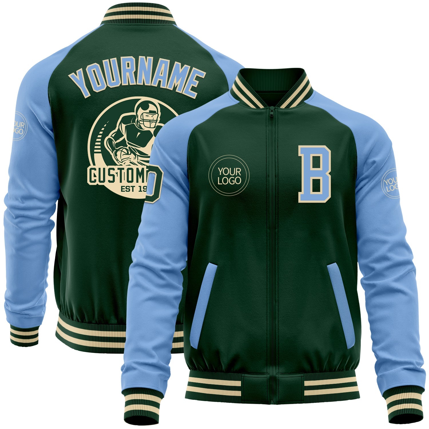 Custom Green Light Blue-Cream Bomber Varsity Letterman Two Tone Zipper Jacket - Main View