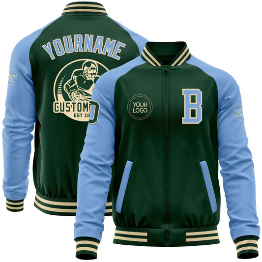 Custom Green Light Blue-Cream Bomber Varsity Letterman Two Tone Zipper Jacket - Main View