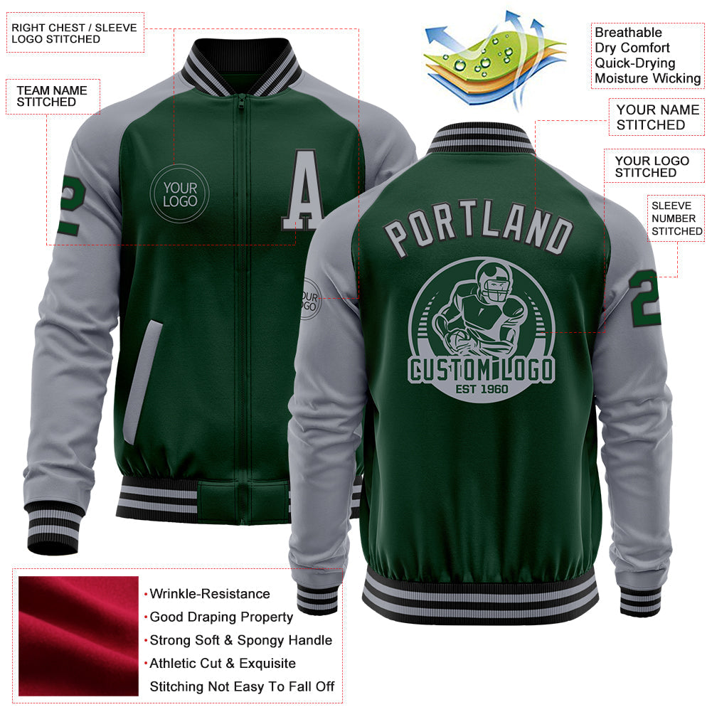 Custom Green Gray-Black Bomber Varsity Letterman Two Tone Zipper Jacket view 4