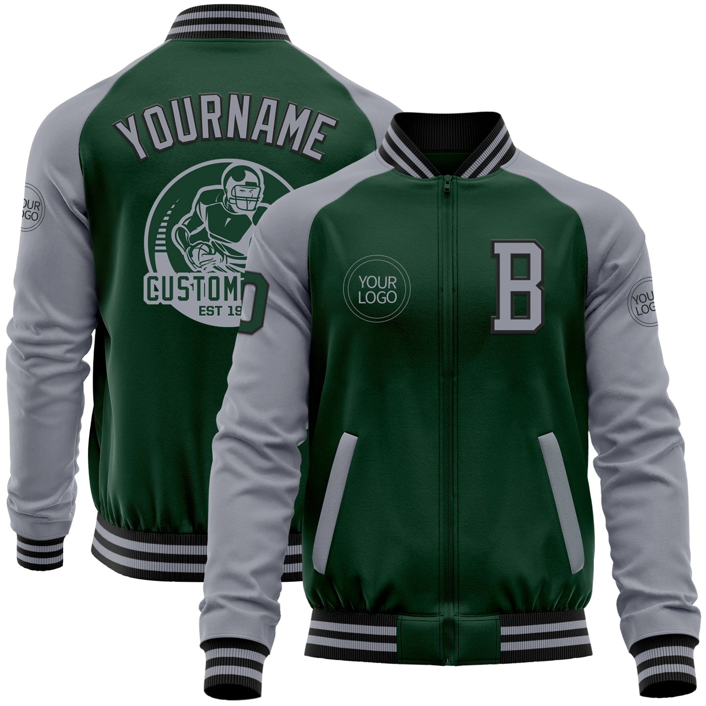 Custom Green Gray-Black Bomber Varsity Letterman Two Tone Zipper Jacket - Main View