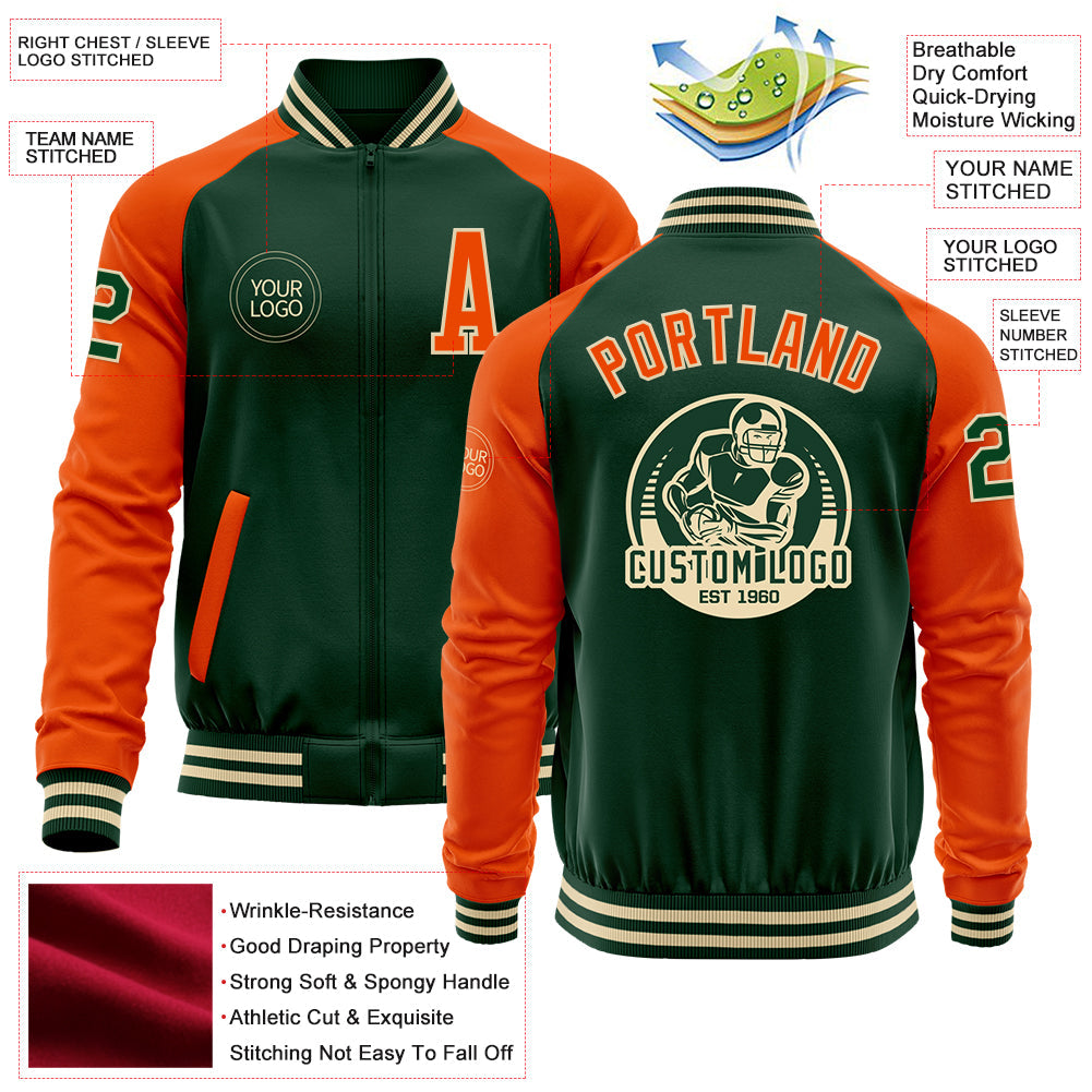 Custom Green Orange-Cream Bomber Varsity Letterman Two Tone Zipper Jacket view 4