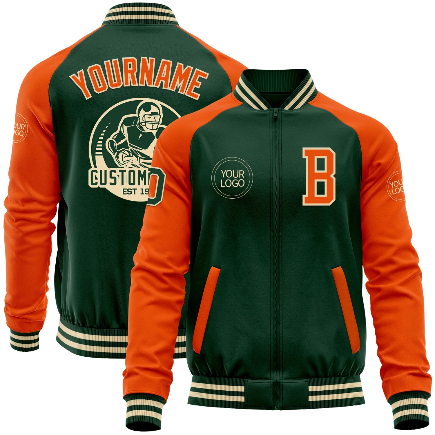 Custom Green Orange-Cream Bomber Varsity Letterman Two Tone Zipper Jacket - Main View