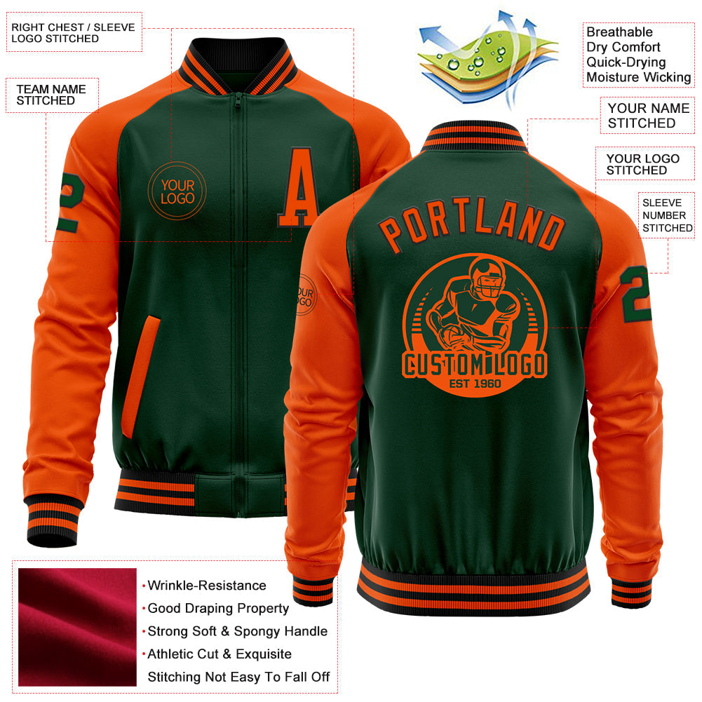 Custom Green Orange-Black Bomber Varsity Letterman Two Tone Zipper Jacket view 4