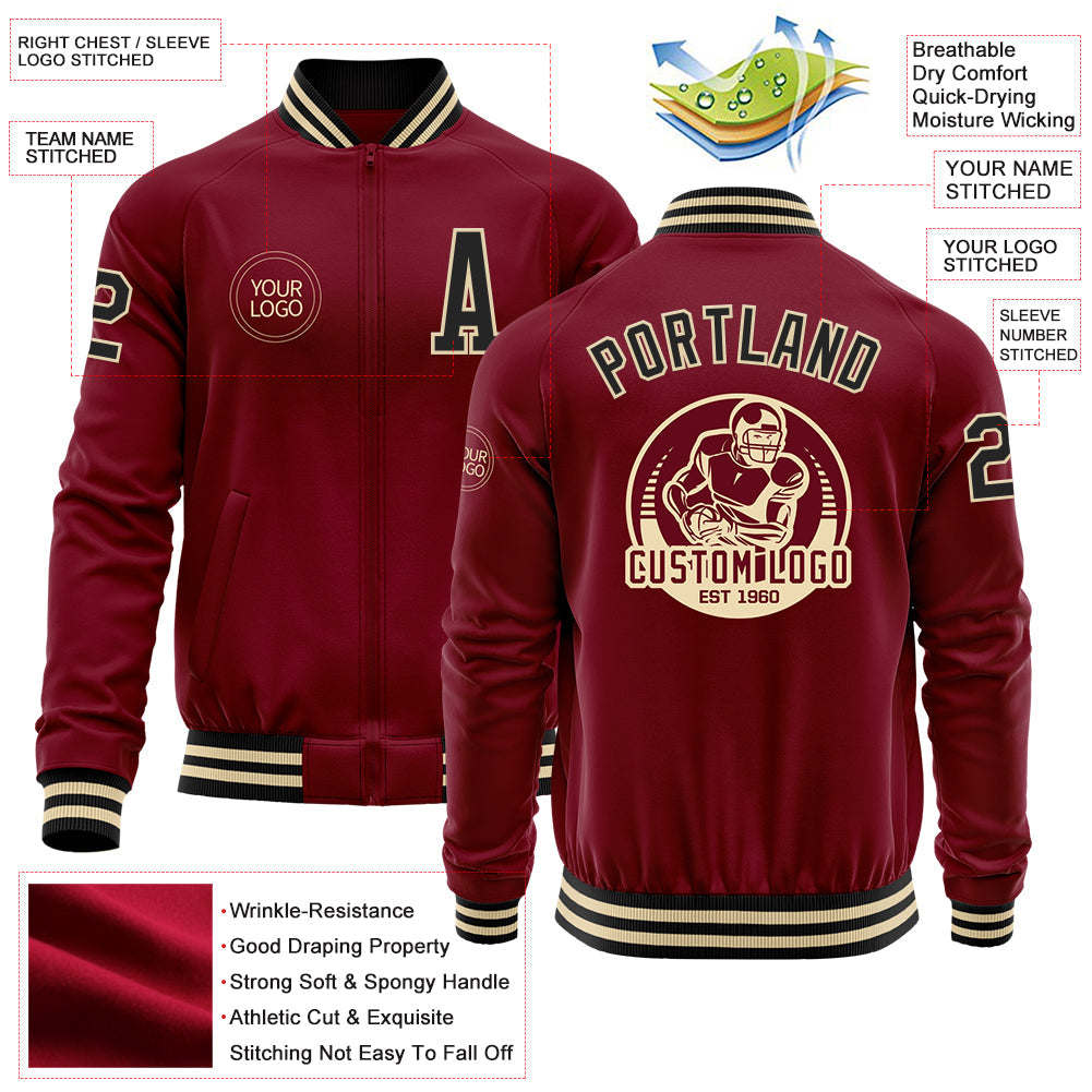Custom Crimson Black-Cream Bomber Varsity Letterman Zipper Jacket view 4
