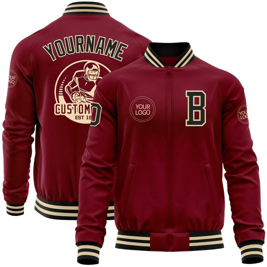 Custom Crimson Black-Cream Bomber Varsity Letterman Zipper Jacket - Main View