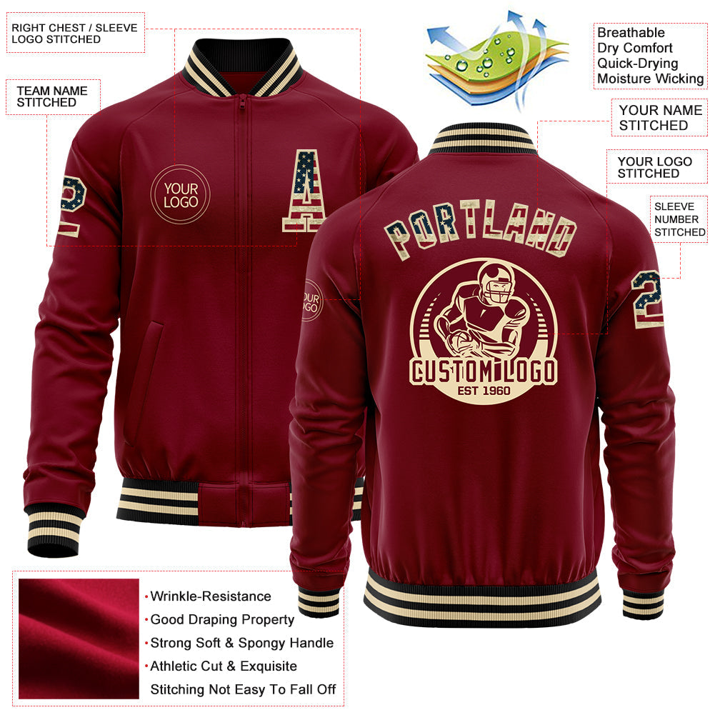 Custom Crimson Vintage USA Flag Black Cream-Black Bomber Varsity Letterman Zipper Jacket view 4