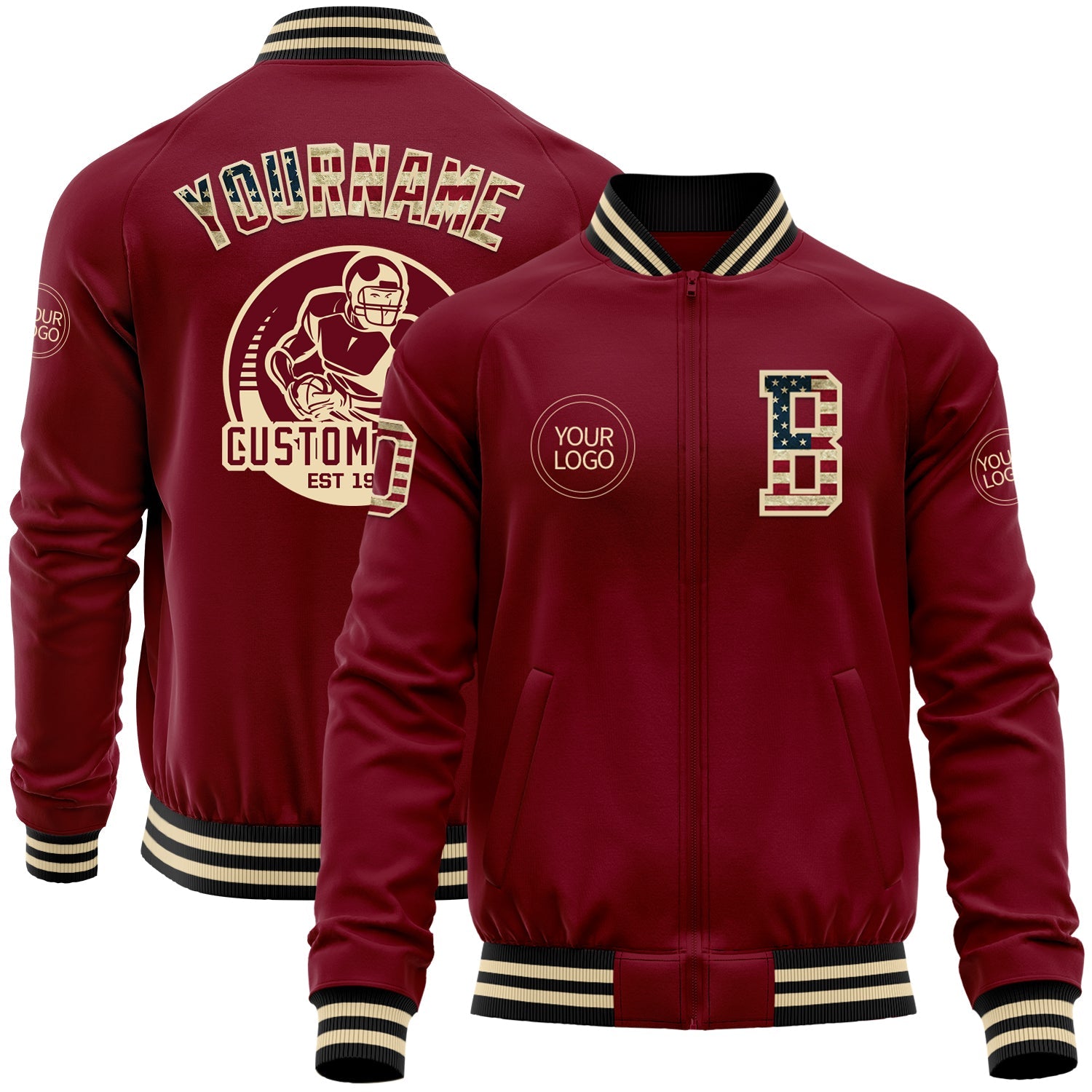 Custom Crimson Vintage USA Flag Black Cream-Black Bomber Varsity Letterman Zipper Jacket - Main View