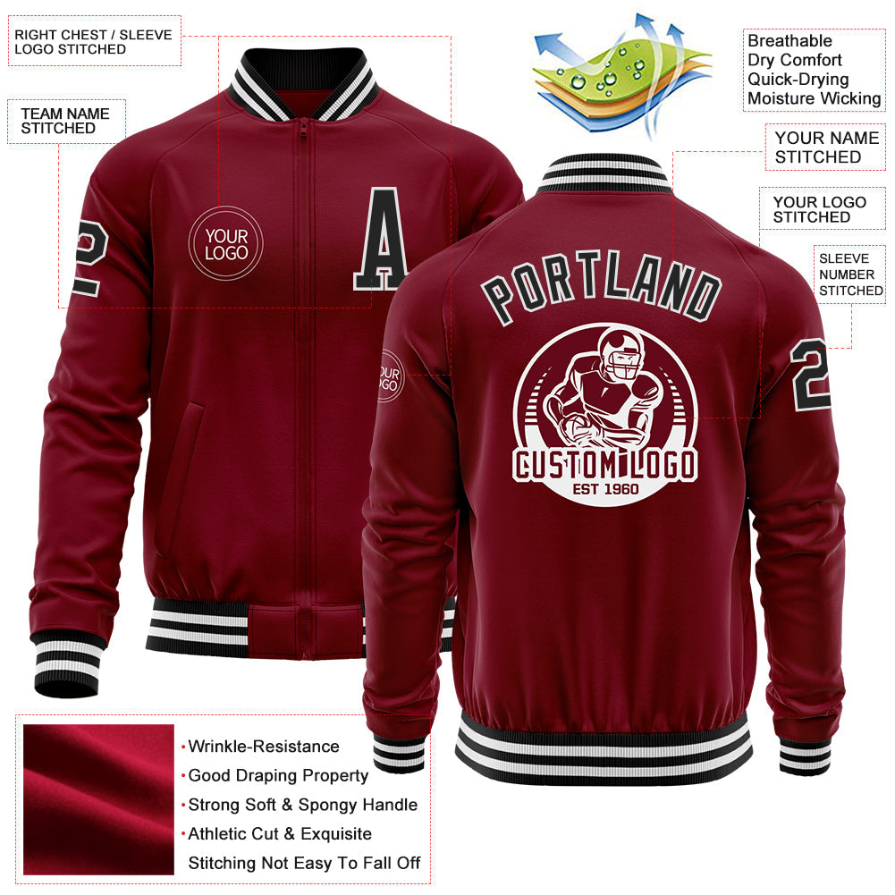 Custom Crimson Black-White Bomber Varsity Letterman Zipper Jacket view 4