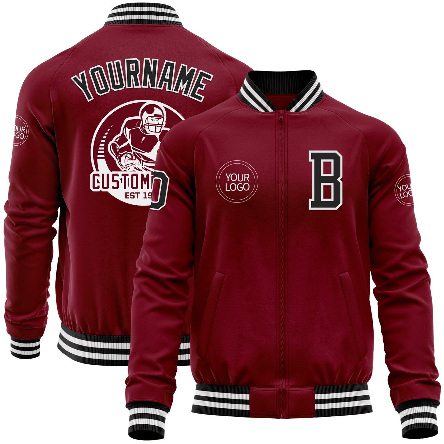 Custom Crimson Black-White Bomber Varsity Letterman Zipper Jacket - Main View