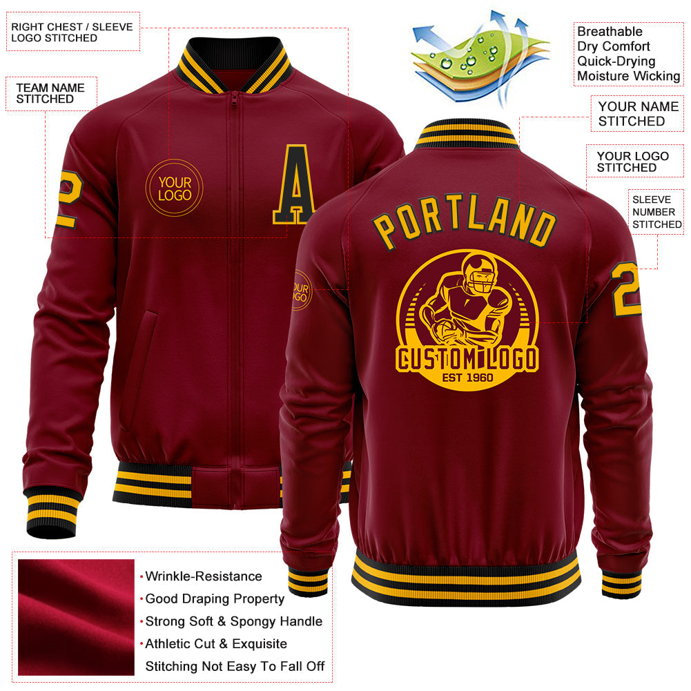 Custom Crimson Gold-Black Bomber Varsity Letterman Zipper Jacket view 4