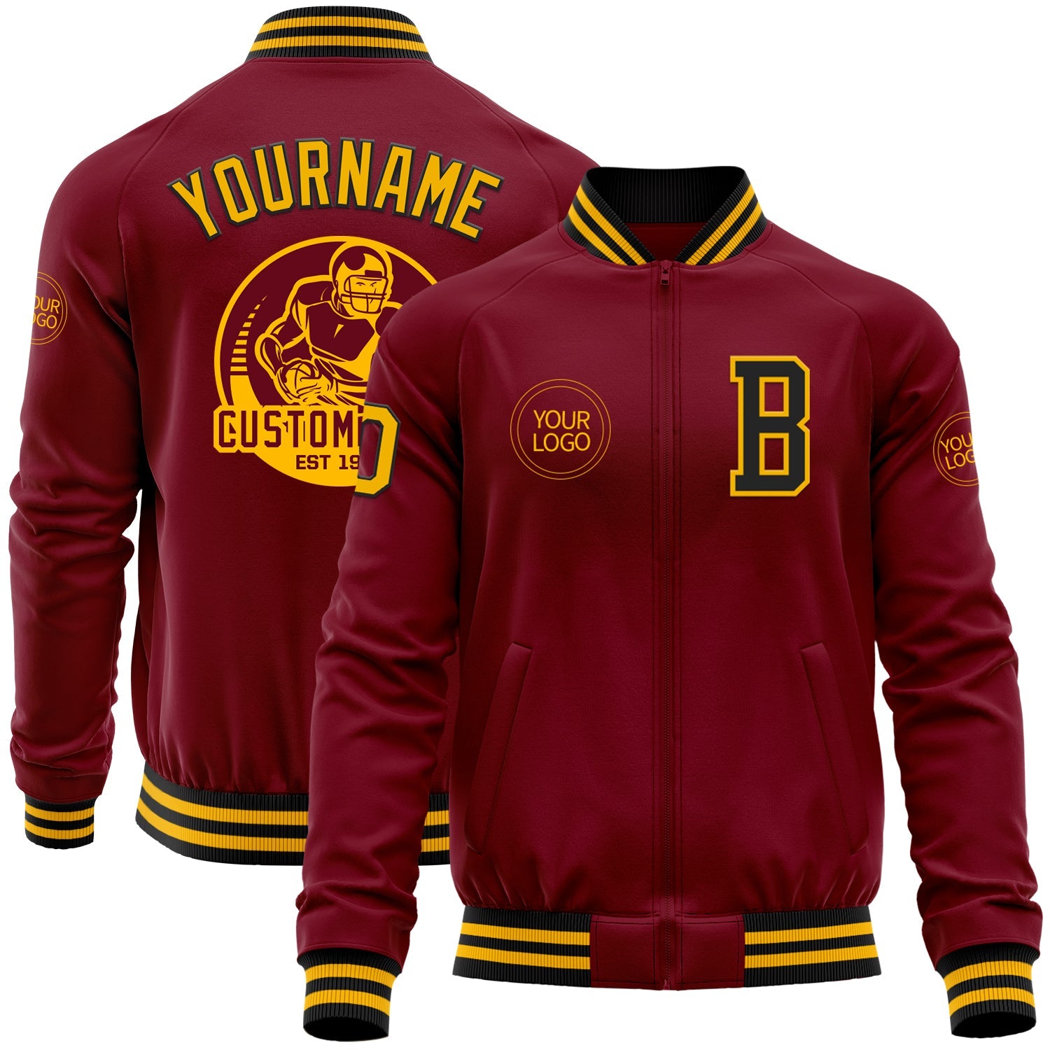Custom Crimson Gold-Black Bomber Varsity Letterman Zipper Jacket - Main View