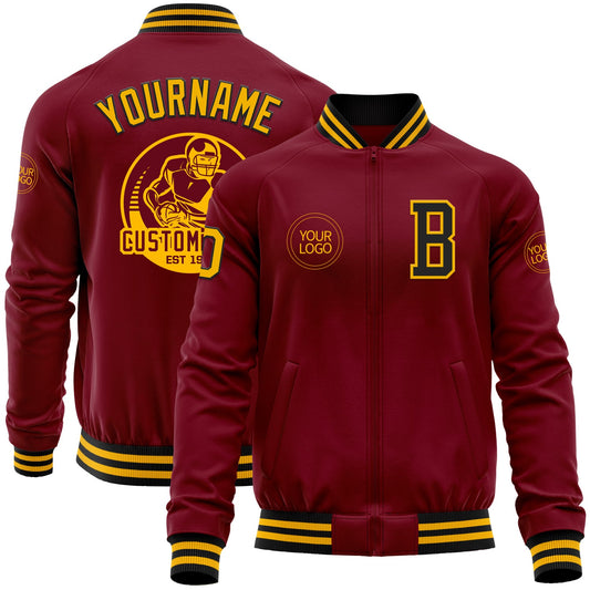 Custom Crimson Gold-Black Bomber Varsity Letterman Zipper Jacket - Main View