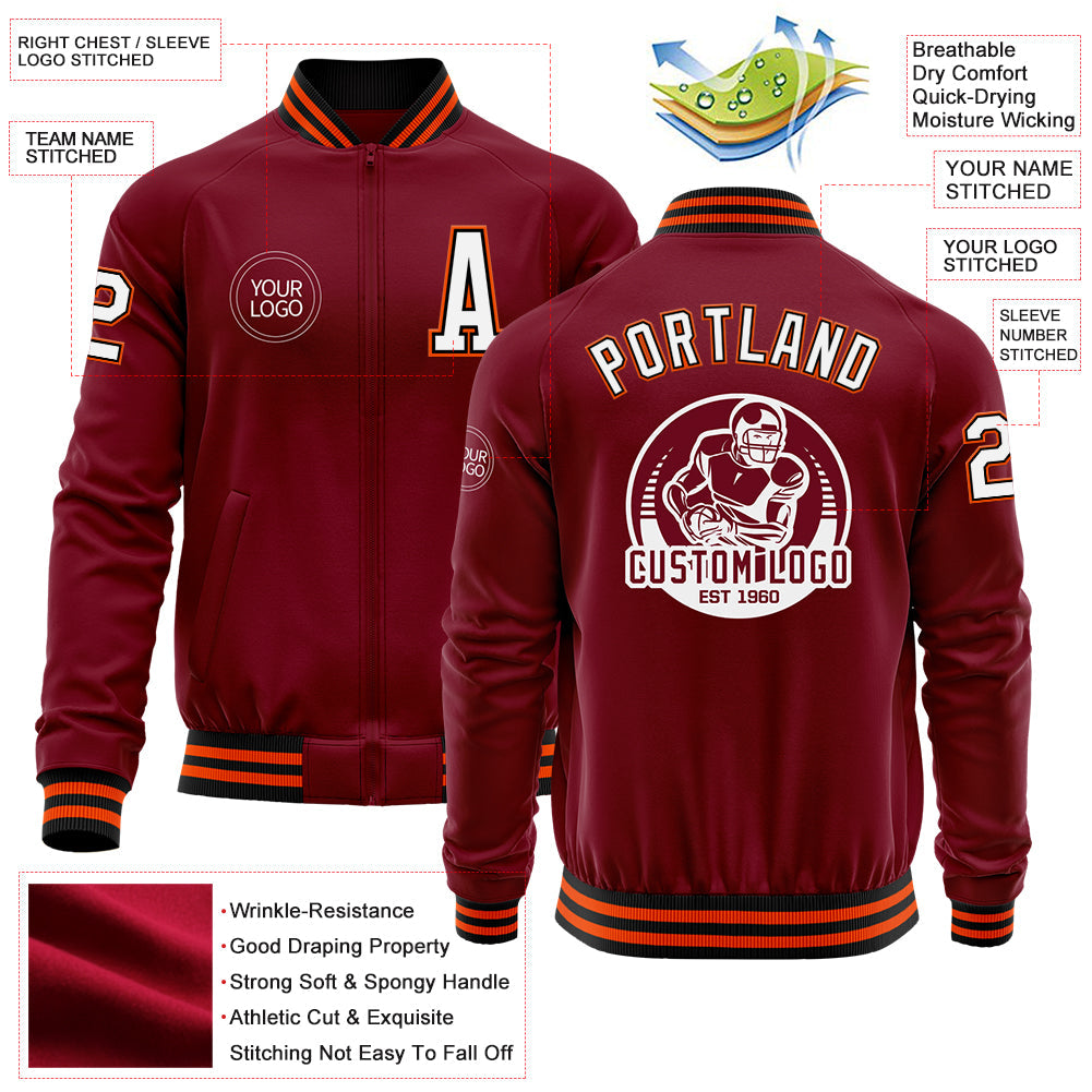 Custom Crimson Black-Orange Bomber Varsity Letterman Zipper Jacket view 4