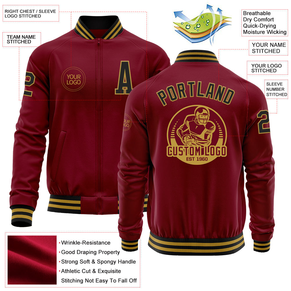 Custom Crimson Black-Old Gold Bomber Varsity Letterman Zipper Jacket view 4