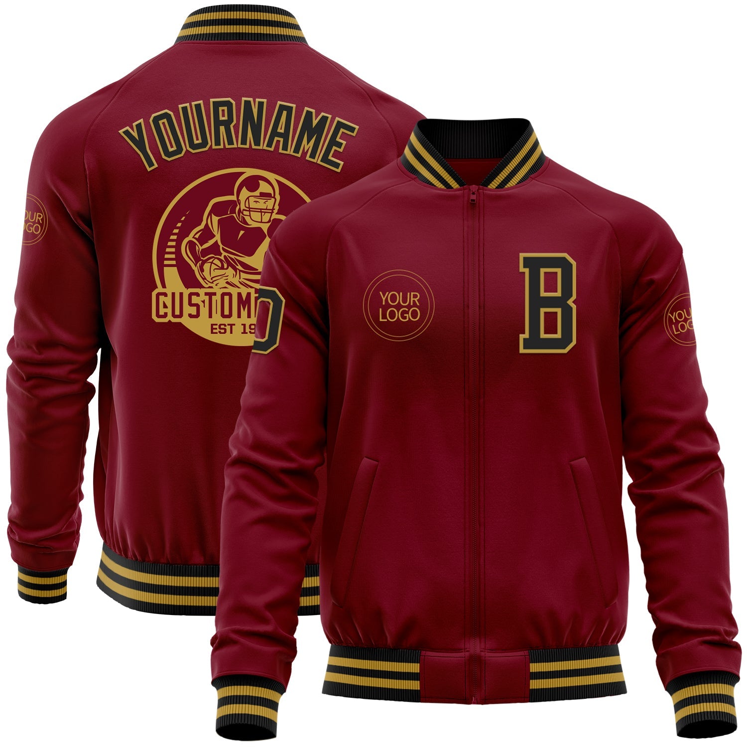 Custom Crimson Black-Old Gold Bomber Varsity Letterman Zipper Jacket - Main View
