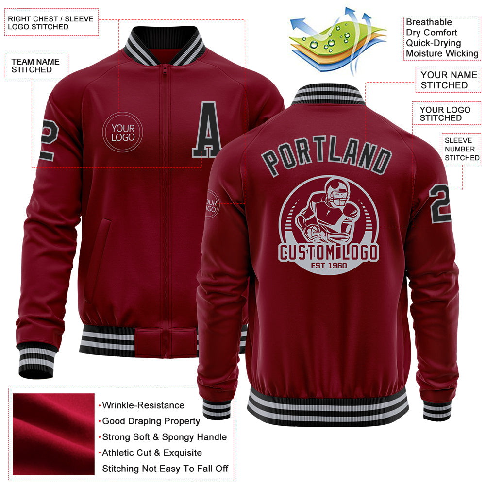 Custom Crimson Black-Gray Bomber Varsity Letterman Zipper Jacket view 4