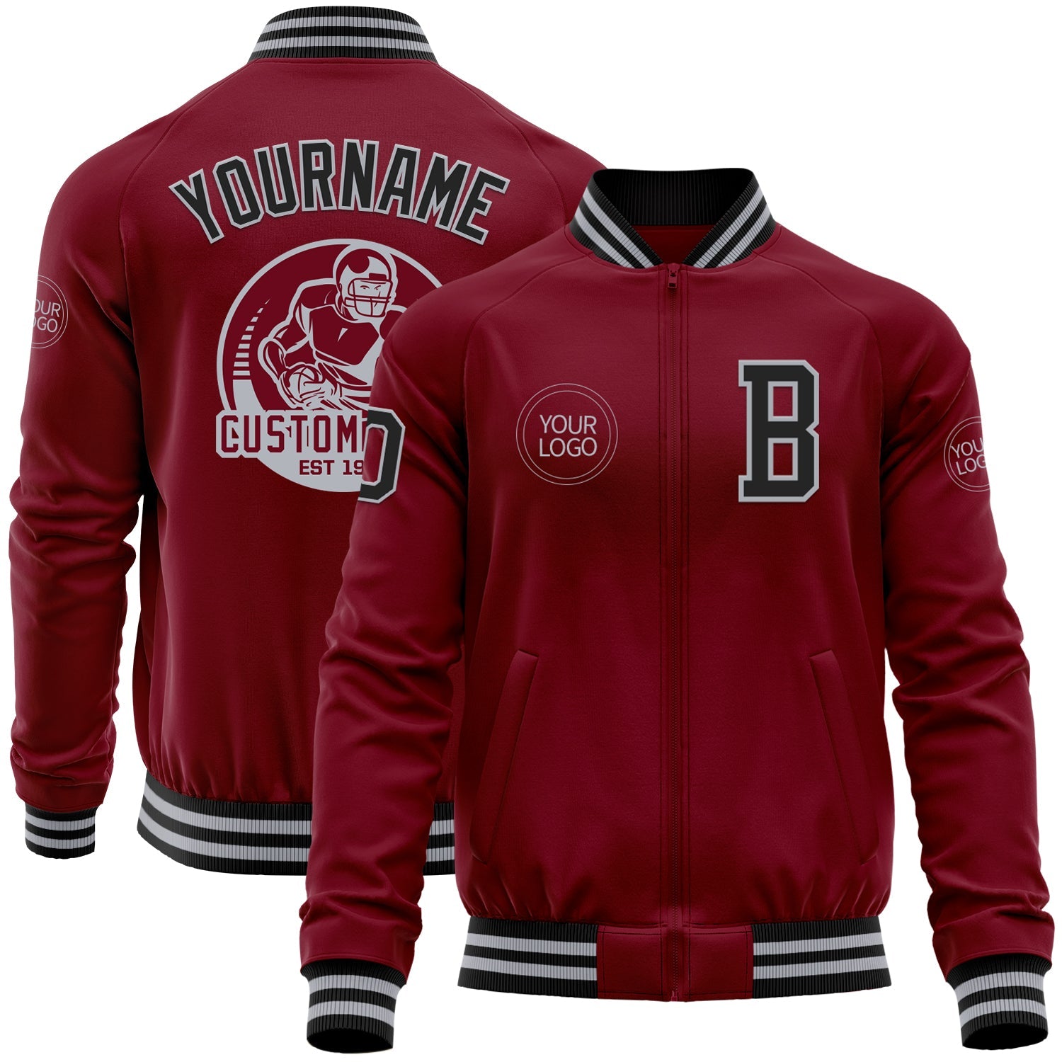 Custom Crimson Black-Gray Bomber Varsity Letterman Zipper Jacket - Main View