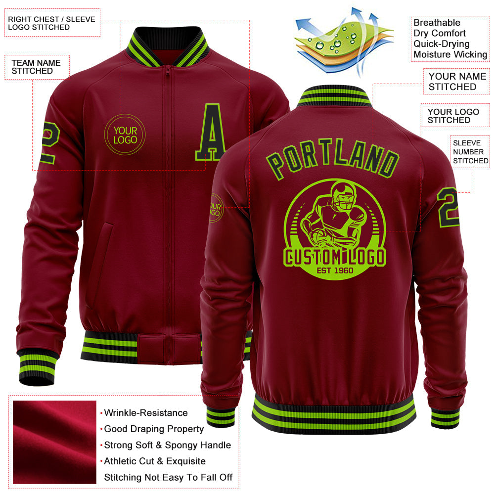 Custom Crimson Black-Neon Green Bomber Varsity Letterman Zipper Jacket view 4