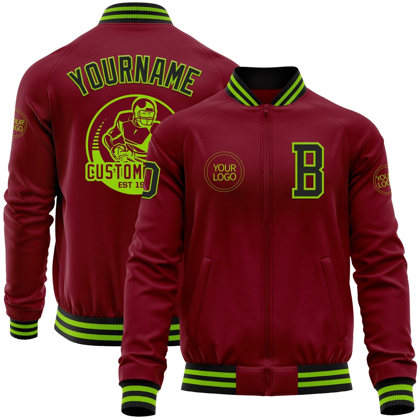 Custom Crimson Black-Neon Green Bomber Varsity Letterman Zipper Jacket - Main View
