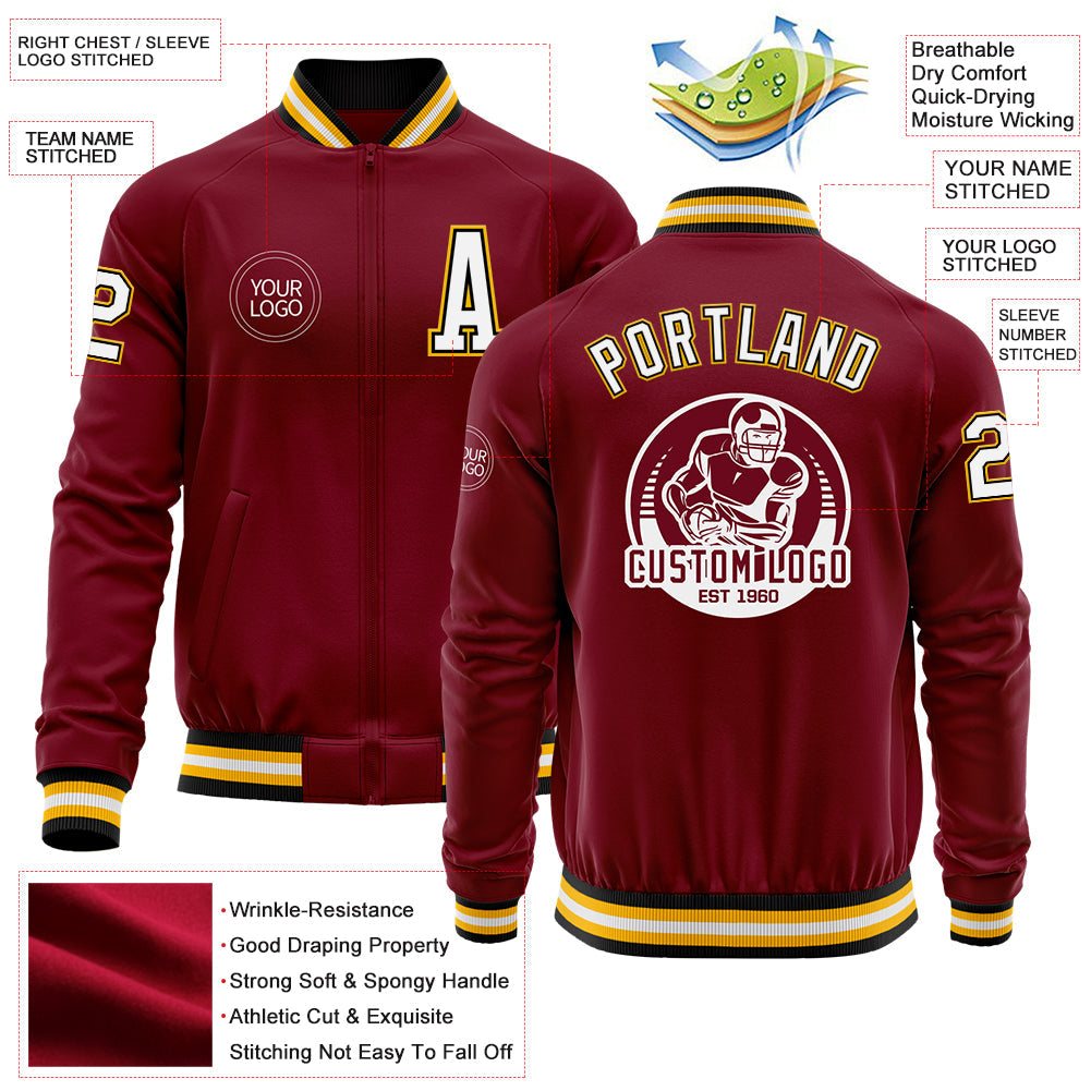 Custom Crimson Black-Gold Bomber Varsity Letterman Zipper Jacket view 4