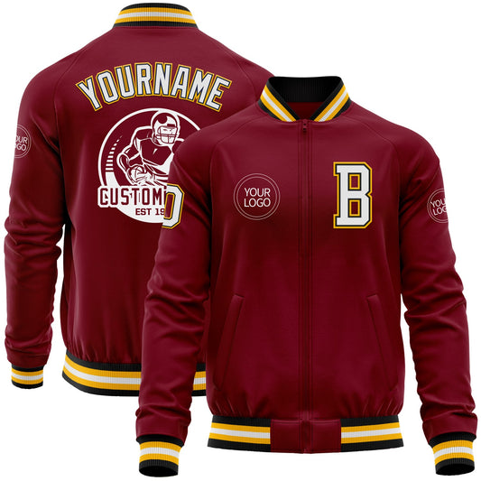 Custom Crimson Black-Gold Bomber Varsity Letterman Zipper Jacket - Main View