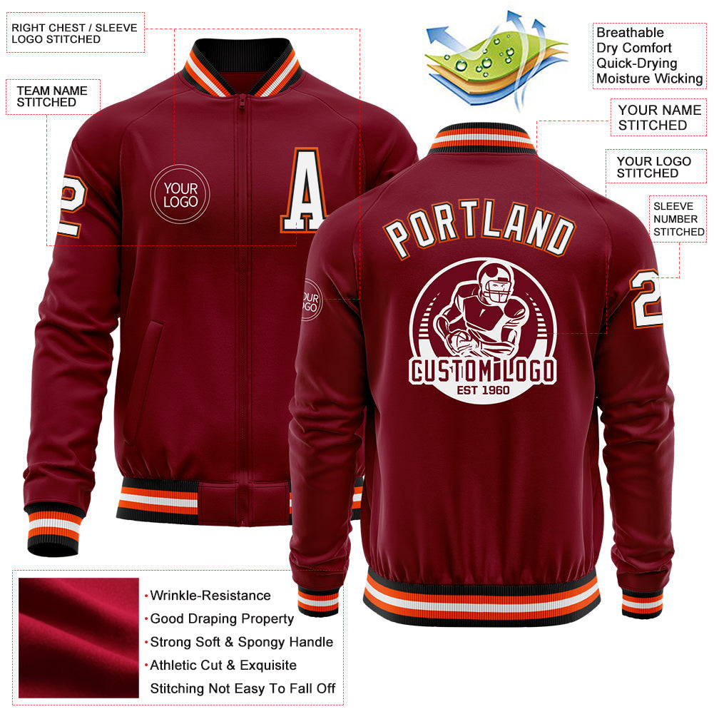 Custom Crimson Black-Orange Bomber Varsity Letterman Zipper Jacket view 4
