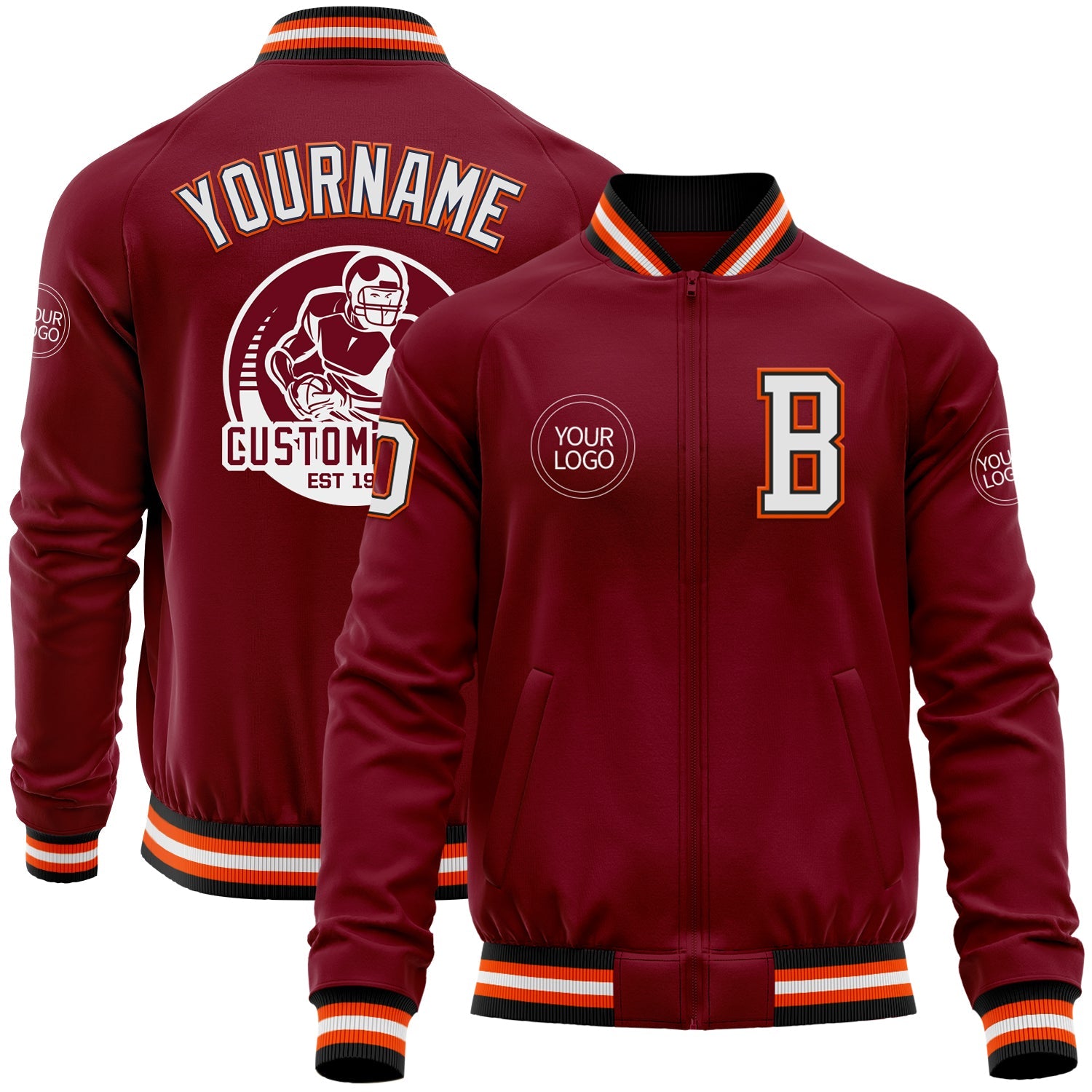 Custom Crimson Black-Orange Bomber Varsity Letterman Zipper Jacket - Main View