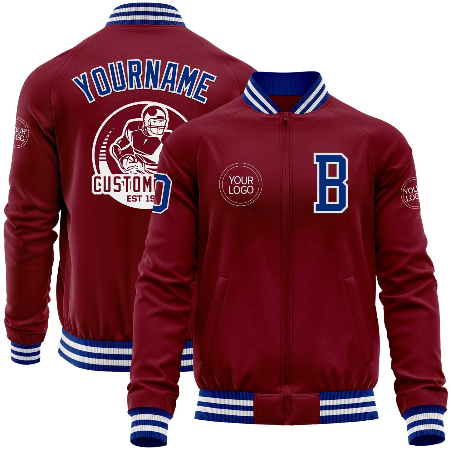 Custom Crimson Royal-White Bomber Varsity Letterman Zipper Jacket - Main View