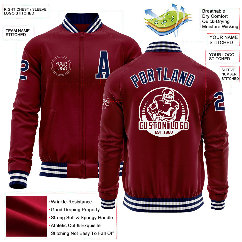 Custom Crimson Navy-White Bomber Varsity Letterman Zipper Jacket view 4
