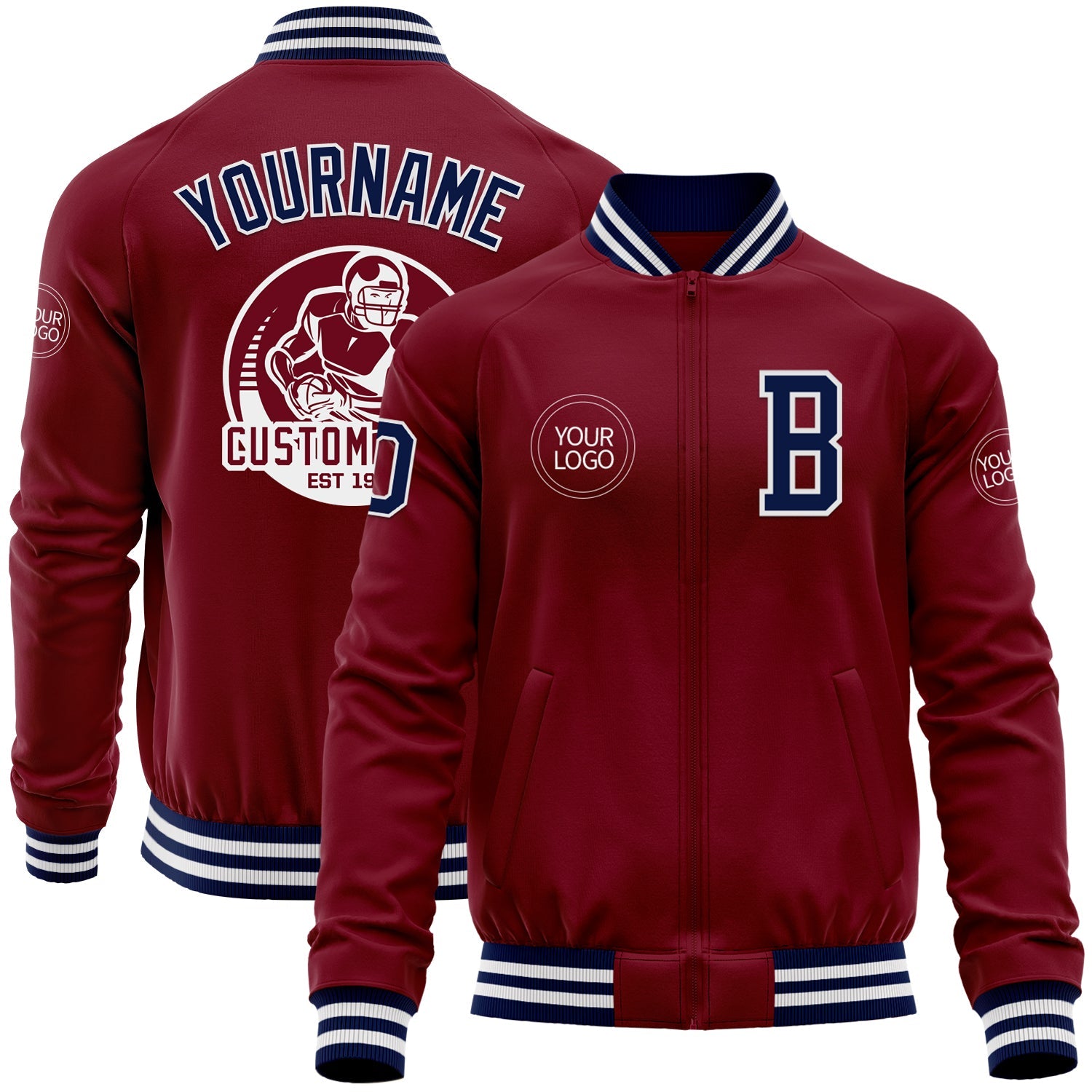 Custom Crimson Navy-White Bomber Varsity Letterman Zipper Jacket - Main View