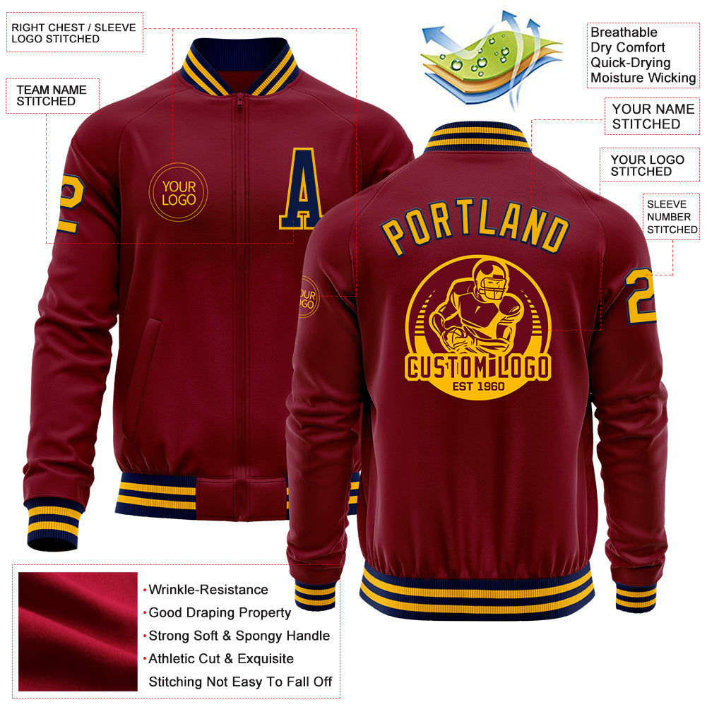 Custom Crimson Navy-Gold Bomber Varsity Letterman Zipper Jacket view 4
