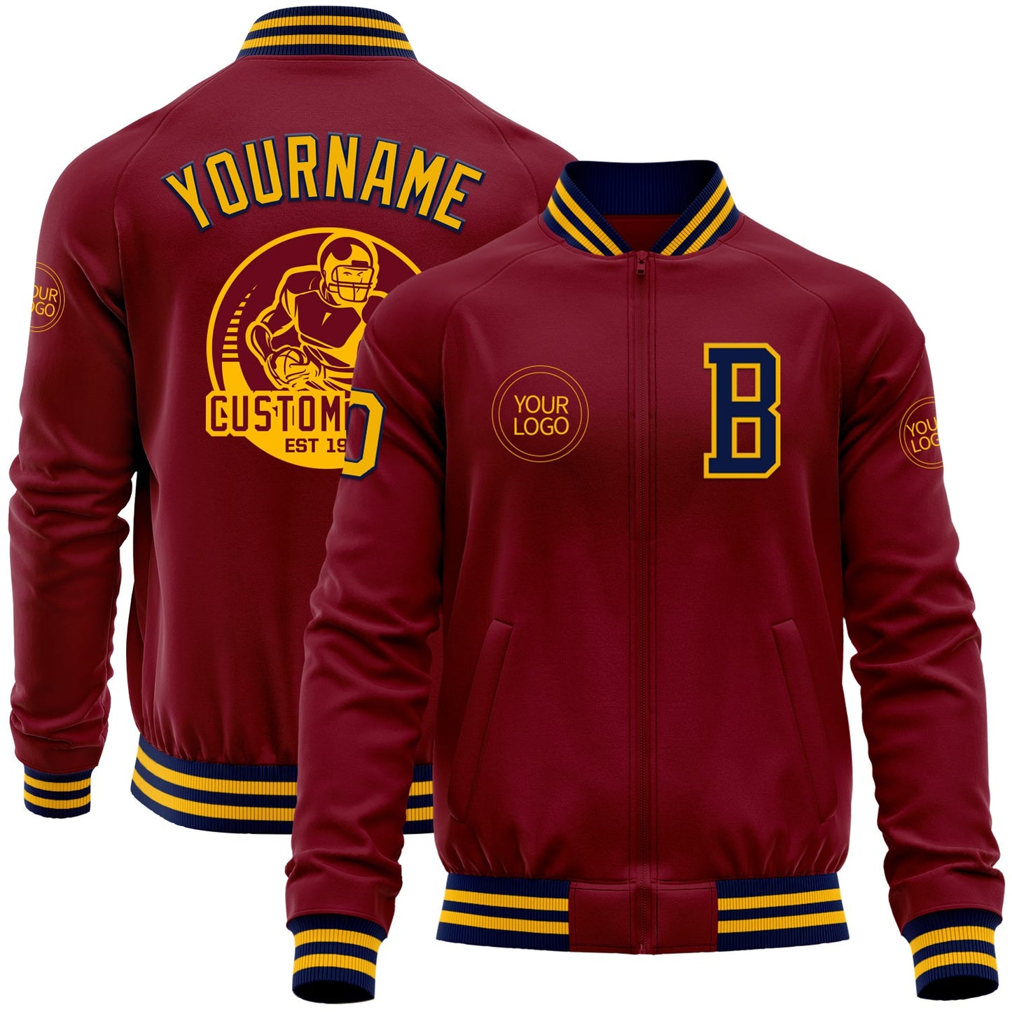 Custom Crimson Navy-Gold Bomber Varsity Letterman Zipper Jacket - Main View