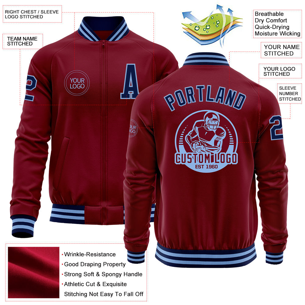 Custom Crimson Navy-Light Blue Bomber Varsity Letterman Zipper Jacket view 4
