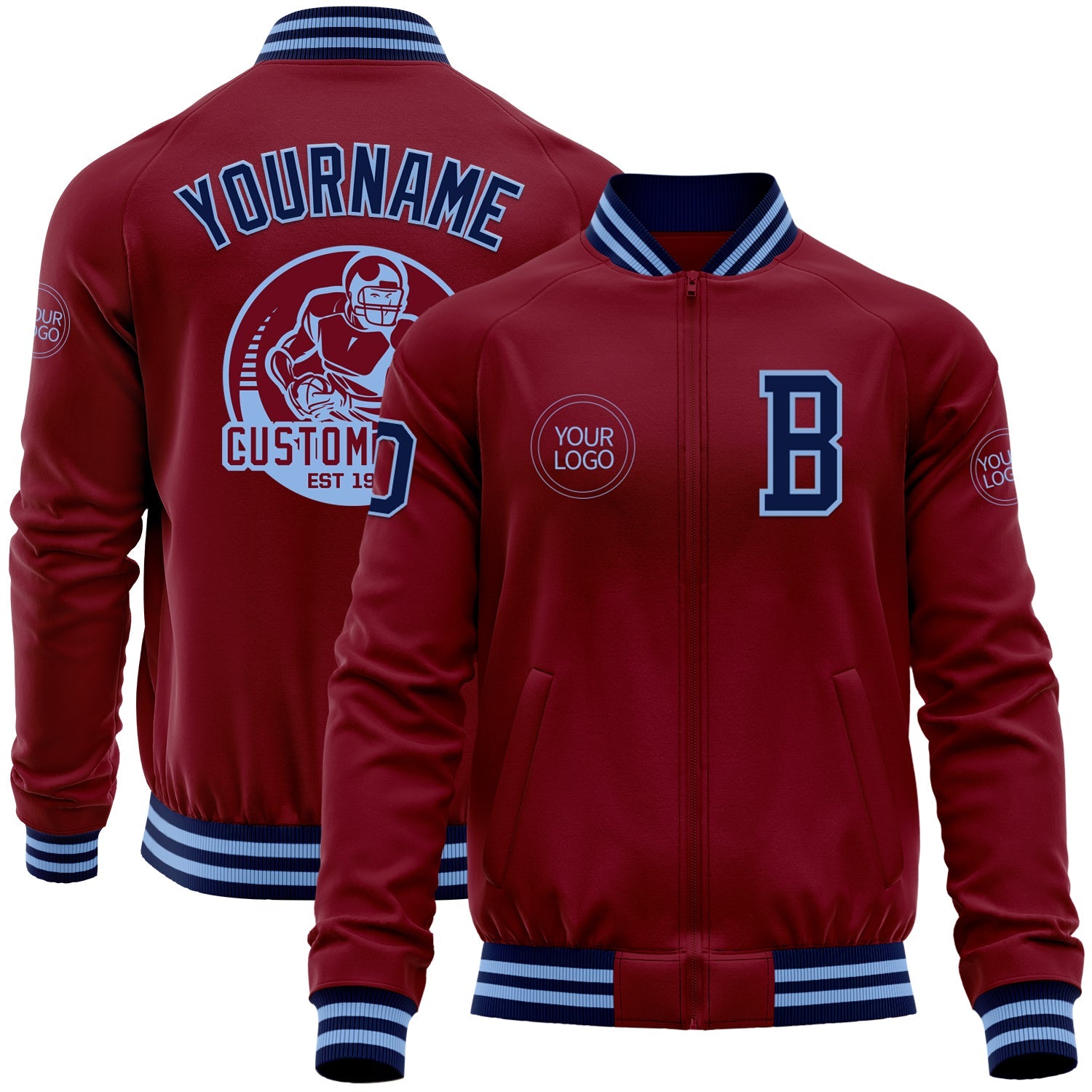 Custom Crimson Navy-Light Blue Bomber Varsity Letterman Zipper Jacket - Main View