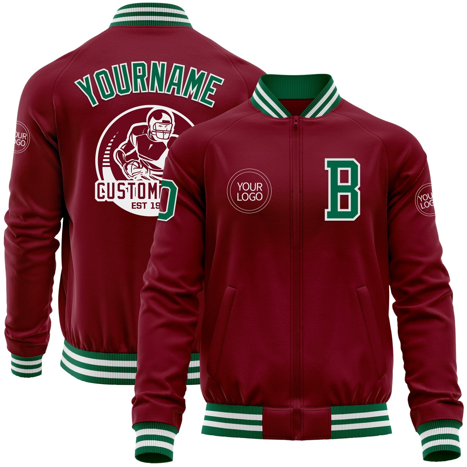 Custom Crimson Kelly Green-White Bomber Varsity Letterman Zipper Jacket - Main View