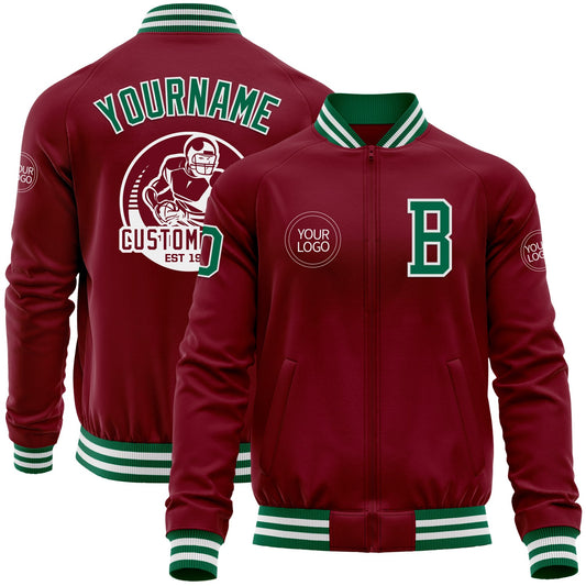Custom Crimson Kelly Green-White Bomber Varsity Letterman Zipper Jacket - Main View