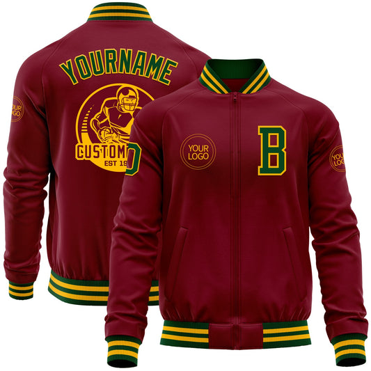 Custom Crimson Green-Gold Bomber Varsity Letterman Zipper Jacket - Main View