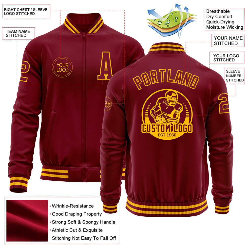 Custom Crimson Gold Bomber Varsity Letterman Zipper Jacket view 4