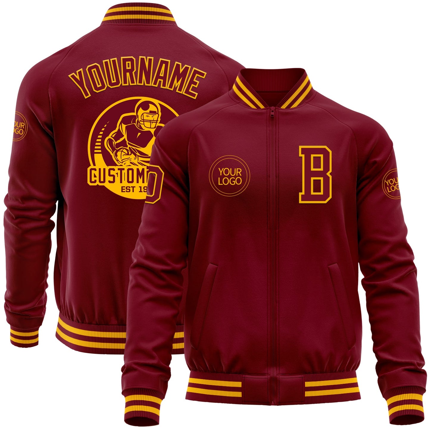 Custom Crimson Gold Bomber Varsity Letterman Zipper Jacket - Main View