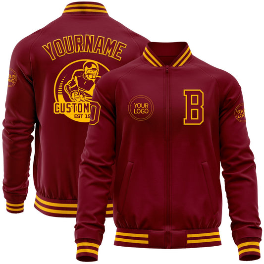 Custom Crimson Gold Bomber Varsity Letterman Zipper Jacket - Main View