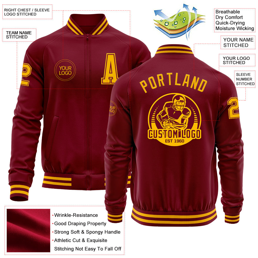 Custom Crimson Gold Bomber Varsity Letterman Zipper Jacket view 4