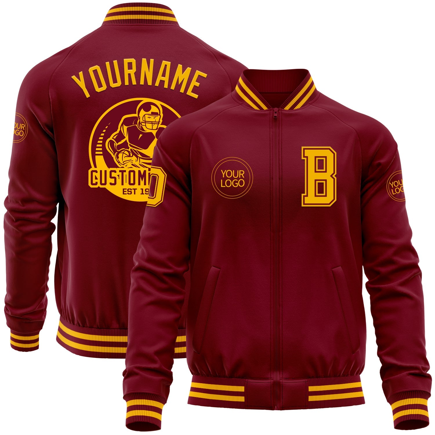 Custom Crimson Gold Bomber Varsity Letterman Zipper Jacket - Main View