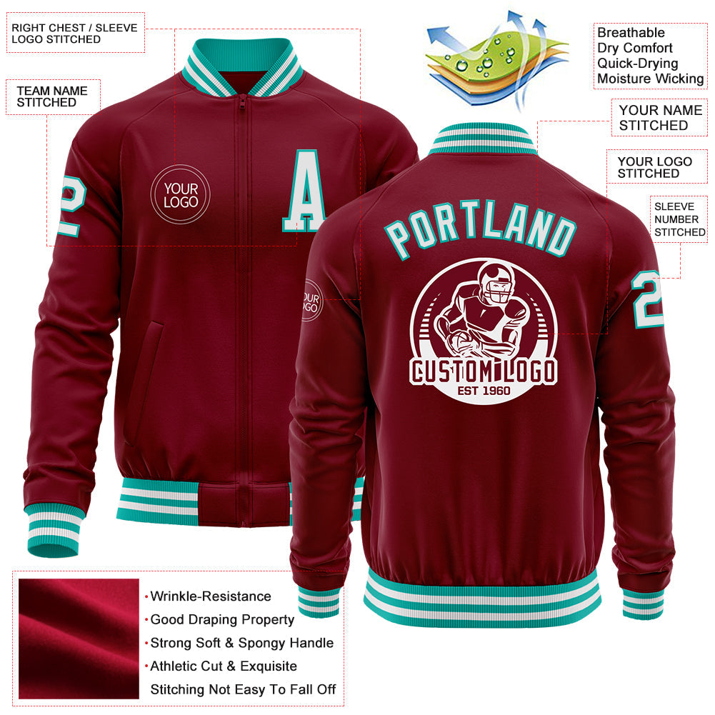 Custom Crimson White-Aqua Bomber Varsity Letterman Zipper Jacket view 4