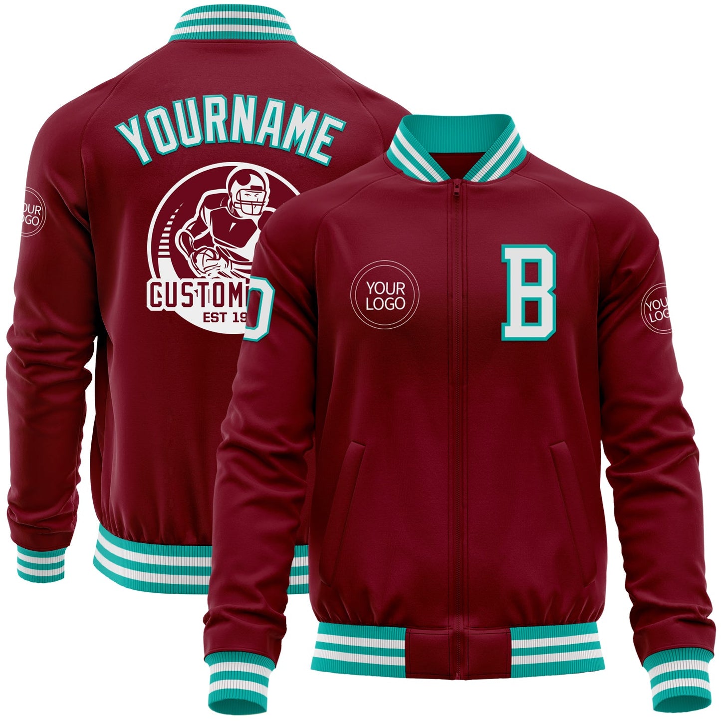 Custom Crimson White-Aqua Bomber Varsity Letterman Zipper Jacket - Main View