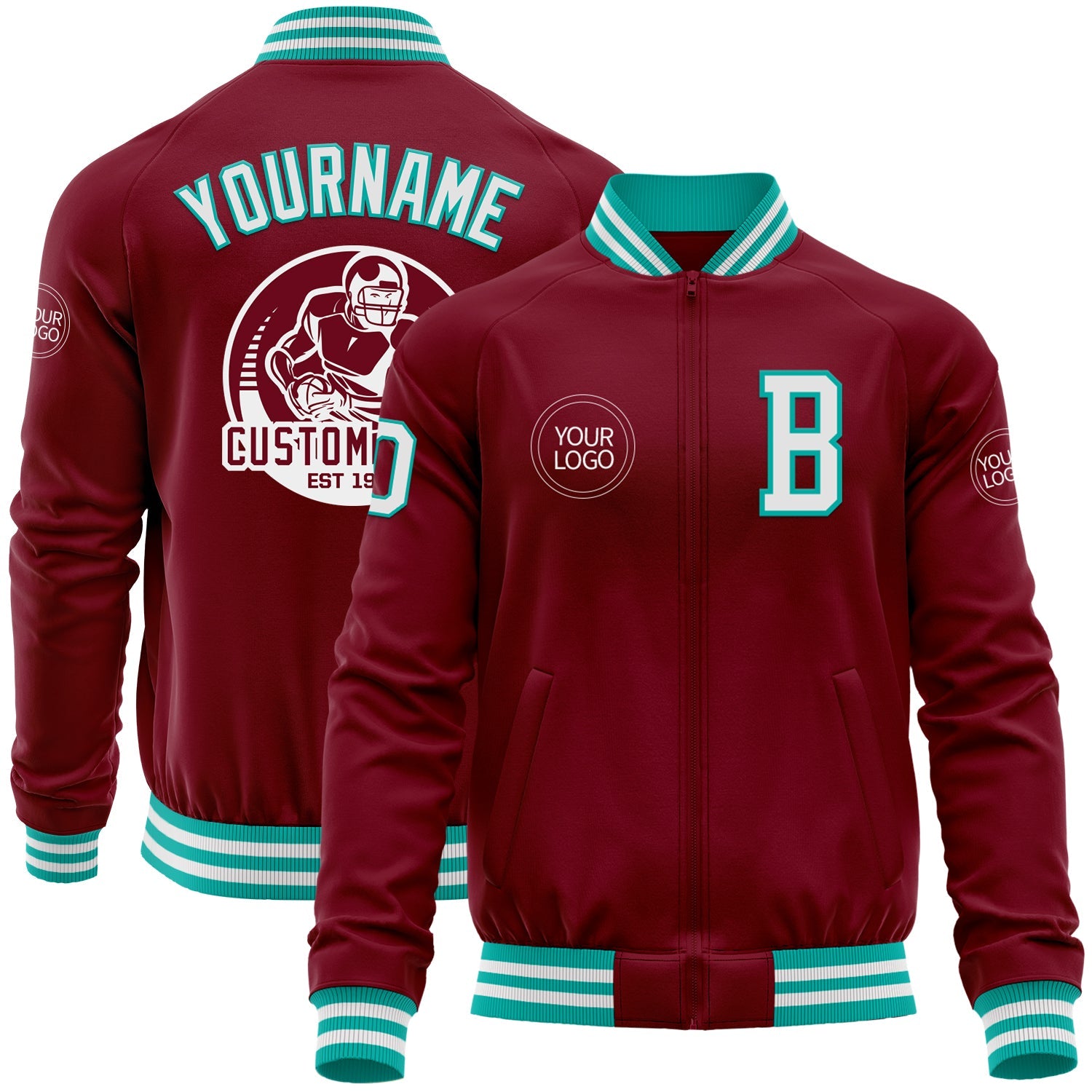 Custom Crimson White-Aqua Bomber Varsity Letterman Zipper Jacket - Main View