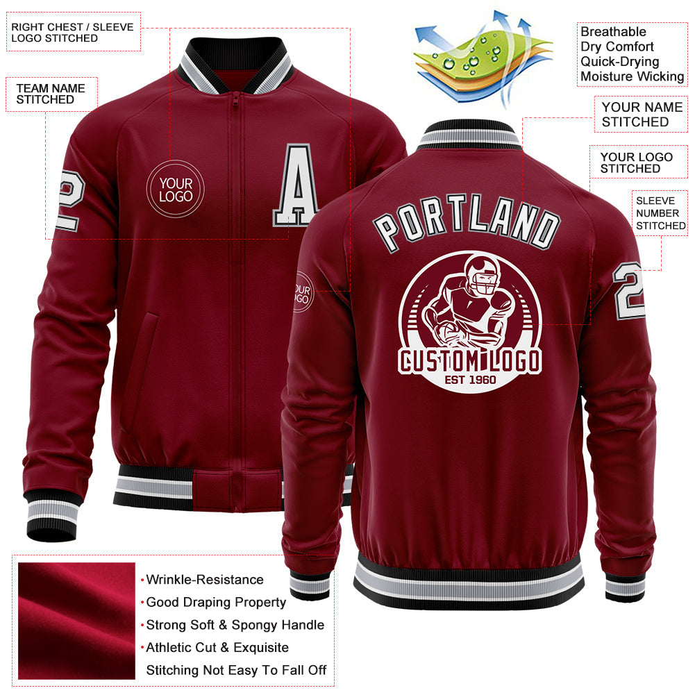 Custom Crimson Black-Gray Bomber Varsity Letterman Zipper Jacket view 4